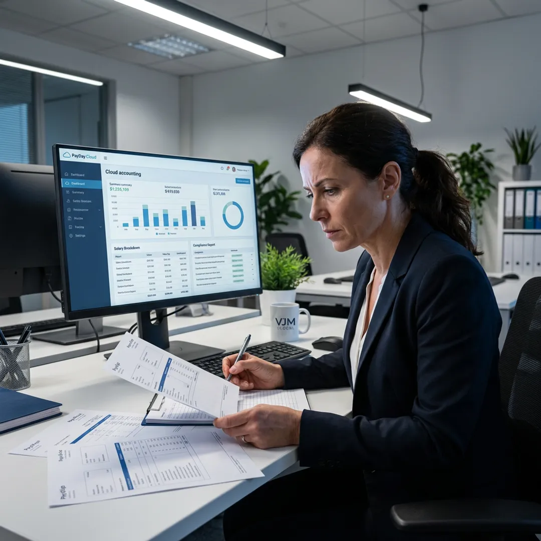 Payroll specialist reviewing reports