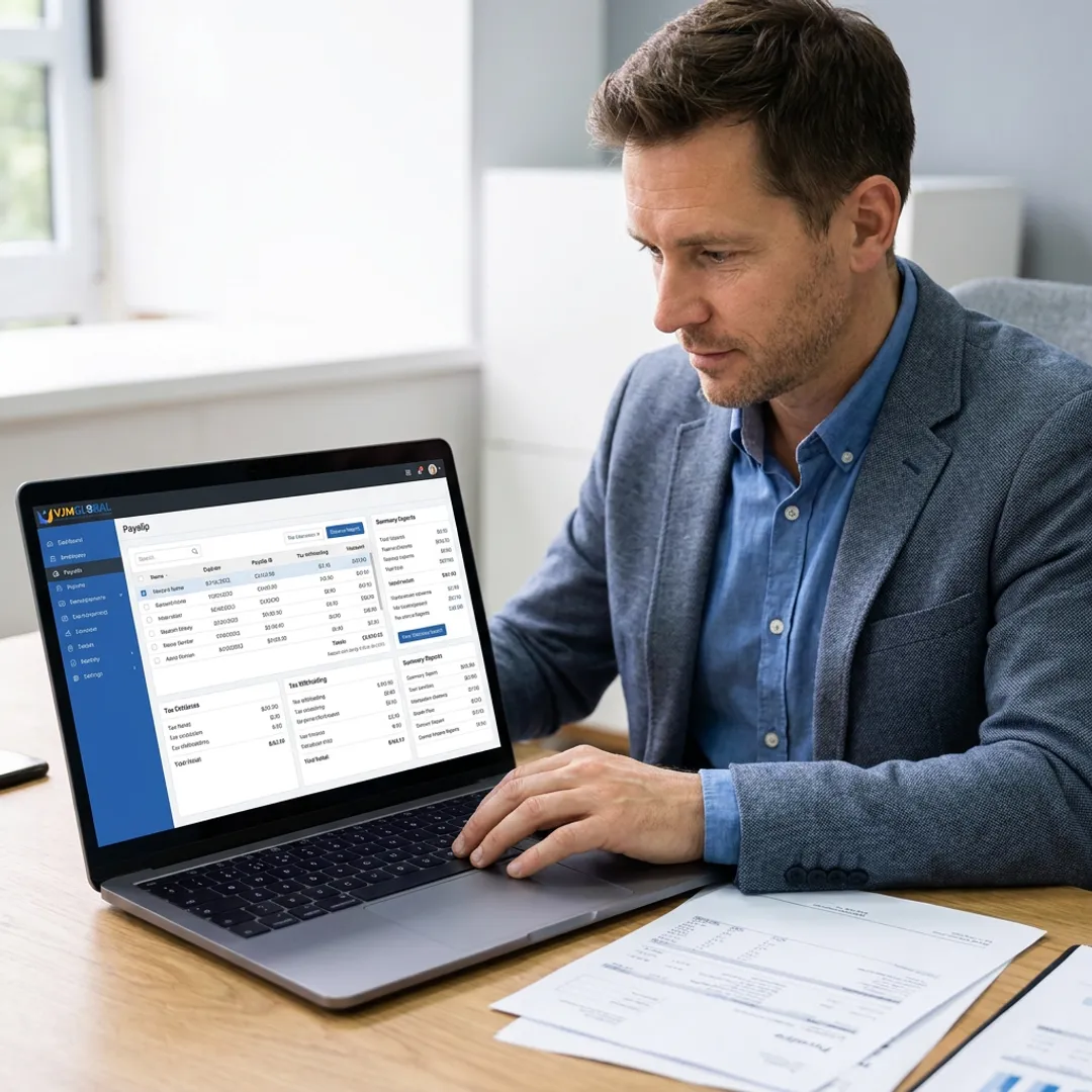 Small business owner using payroll software