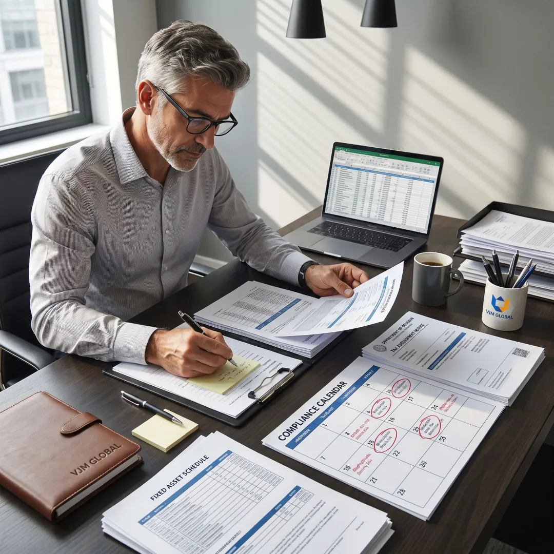Tax professional reviewing property compliance documents