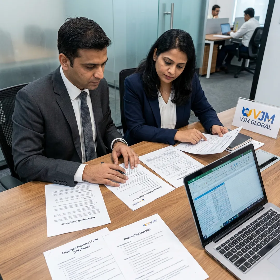 Professionals reviewing India PEO payroll and compliance documents