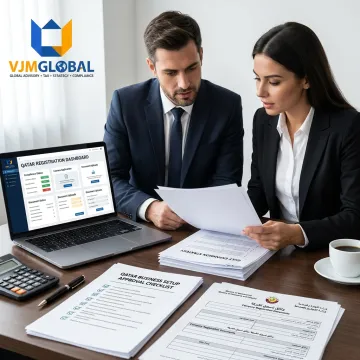 Business consultants reviewing company setup documents