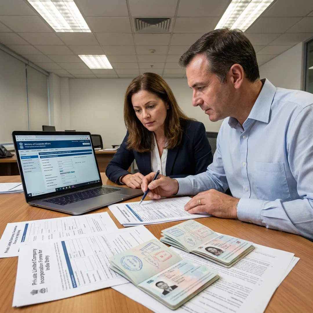 Consultants reviewing online company registration documents