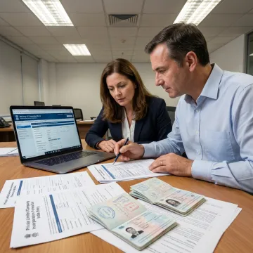 Consultants reviewing online company registration documents