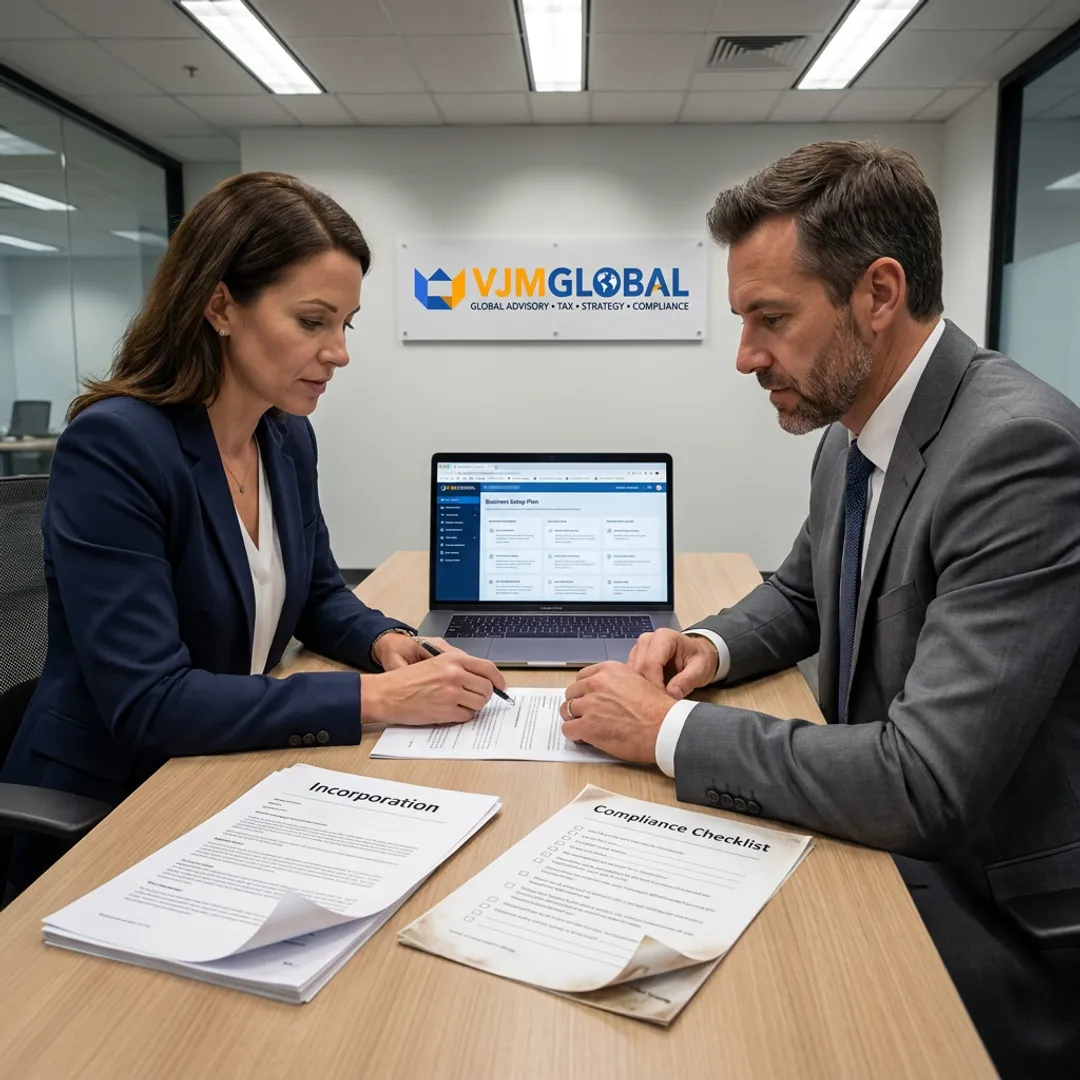 Business advisors reviewing company setup documents