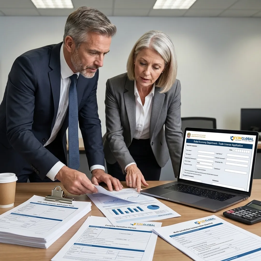 Consultants reviewing UAE business setup documents