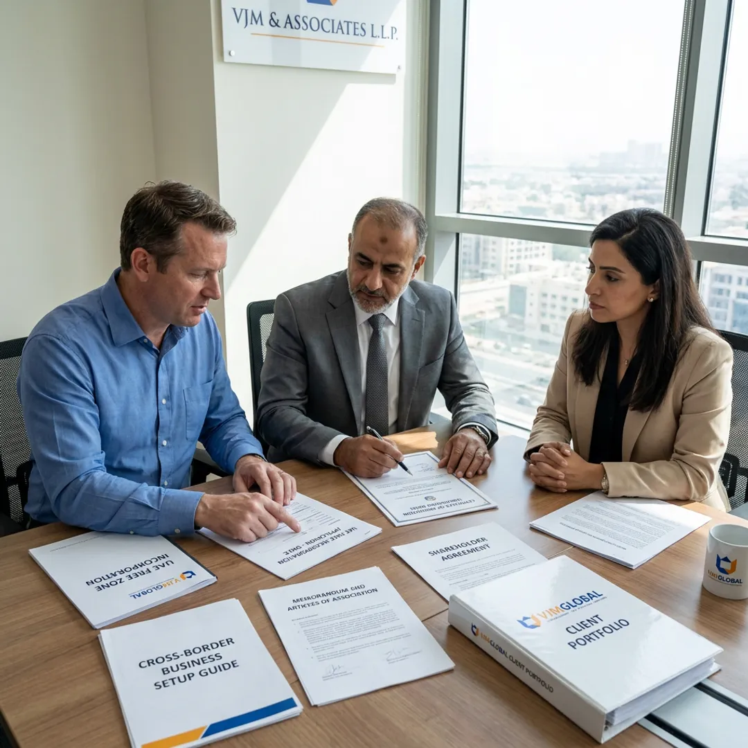 Consultants reviewing JAFZA company formation documents