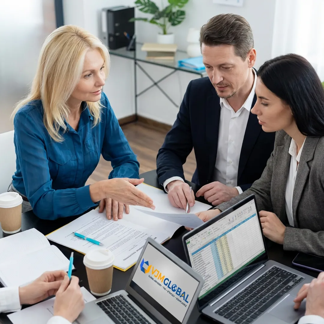Consultants reviewing online company registration documents
