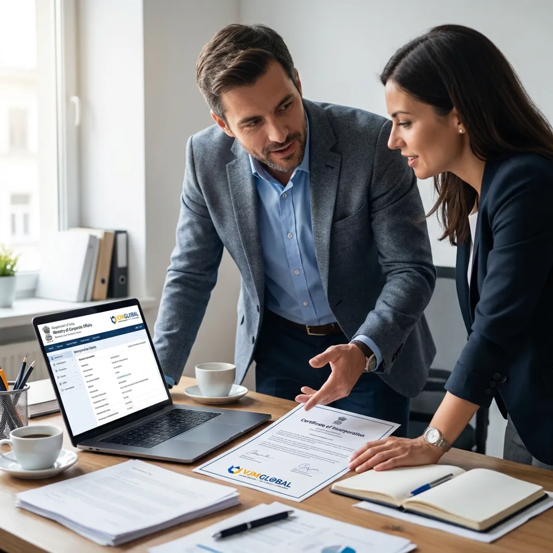 Consultants reviewing online company registration documents