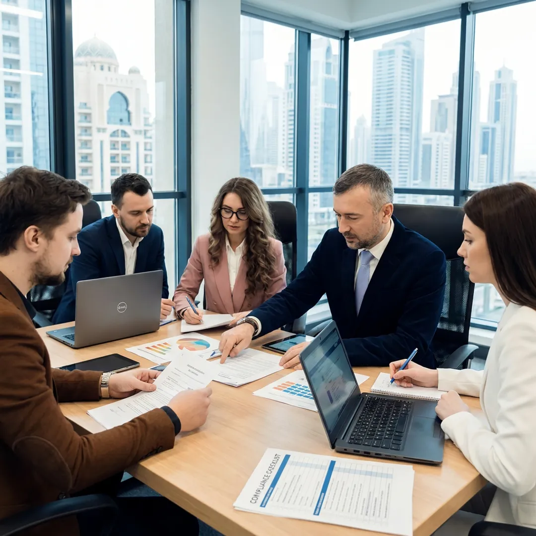 Business advisors reviewing company setup documents