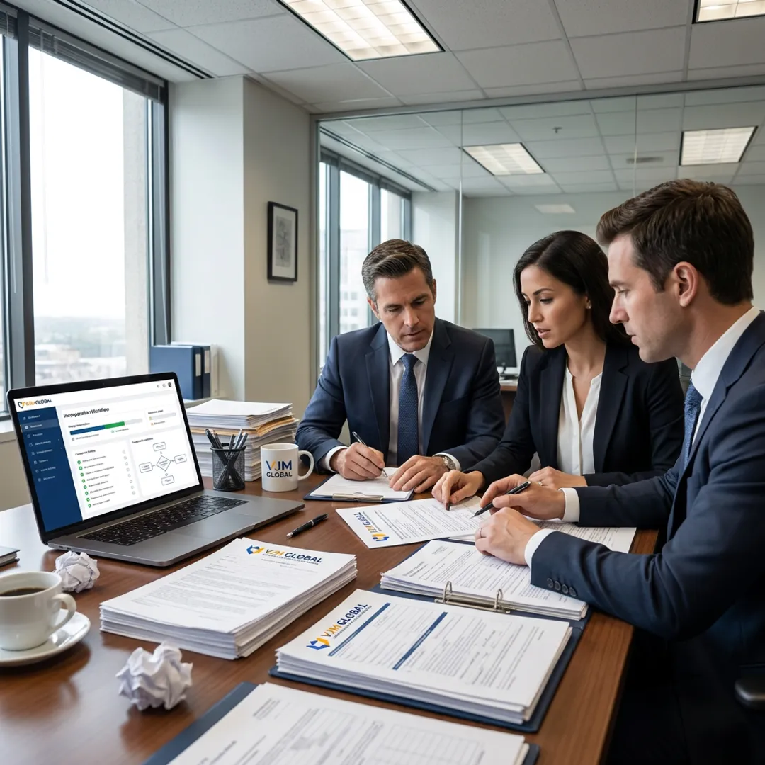 Consultants reviewing company registration documents online