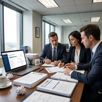 Consultants reviewing company registration documents online