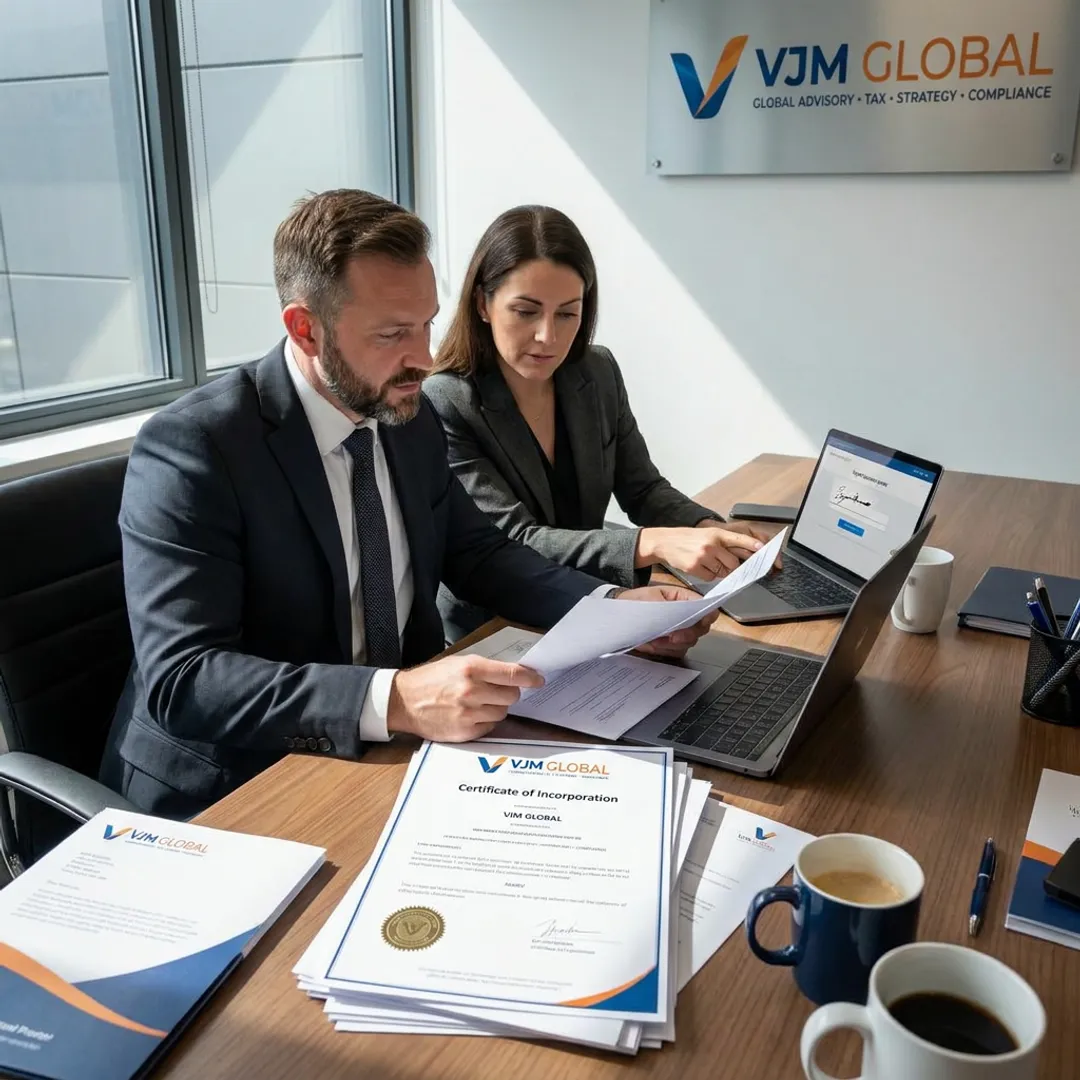 Consultants reviewing company incorporation documents