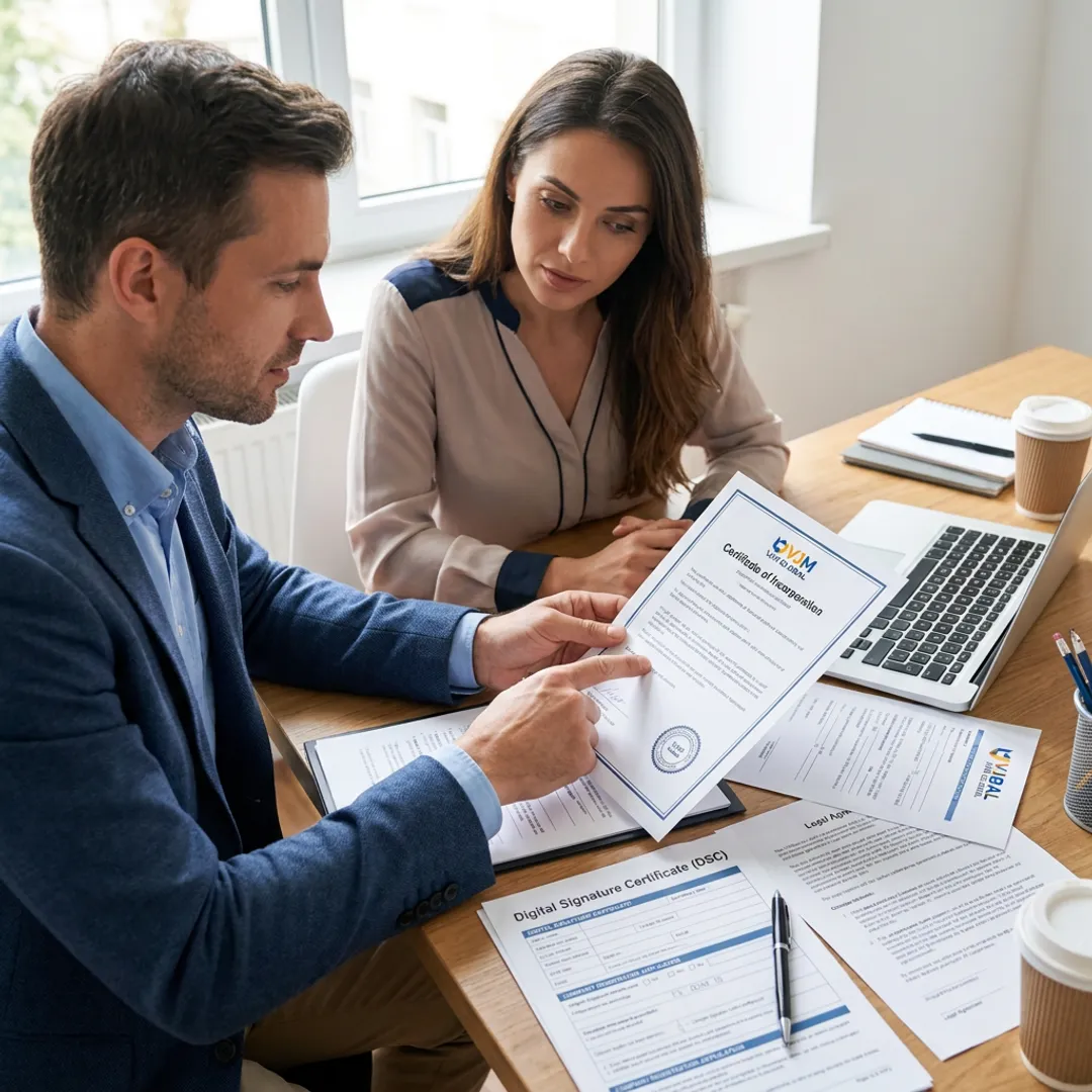Consultant reviewing company registration documents