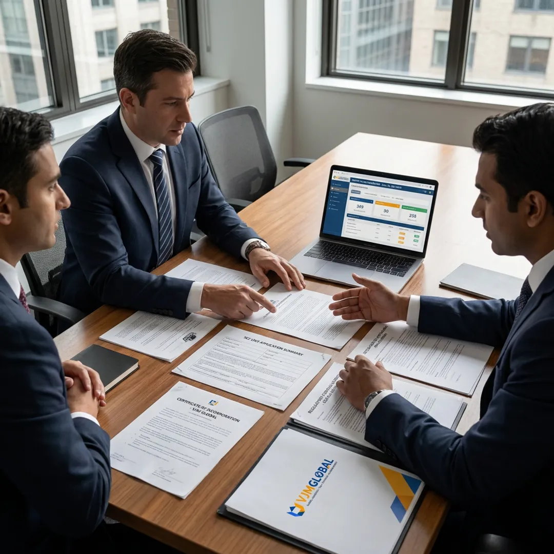 Consultants reviewing company registration documents
