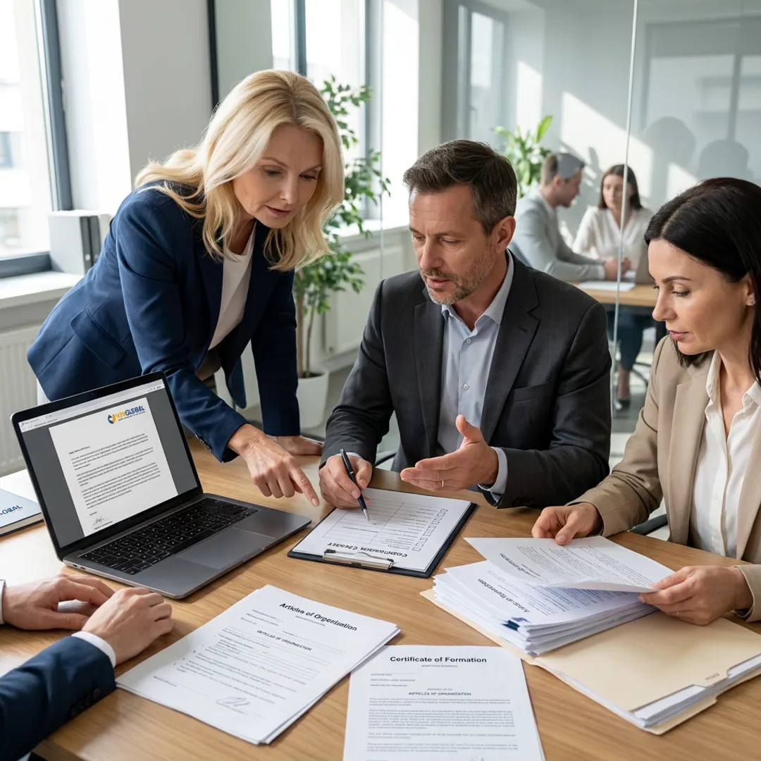 Consultants reviewing company registration documents