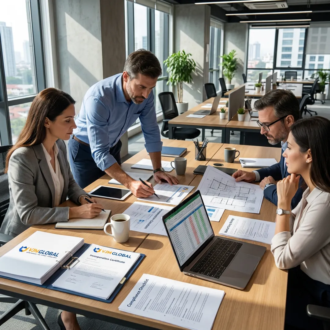 Consultants reviewing company registration documents