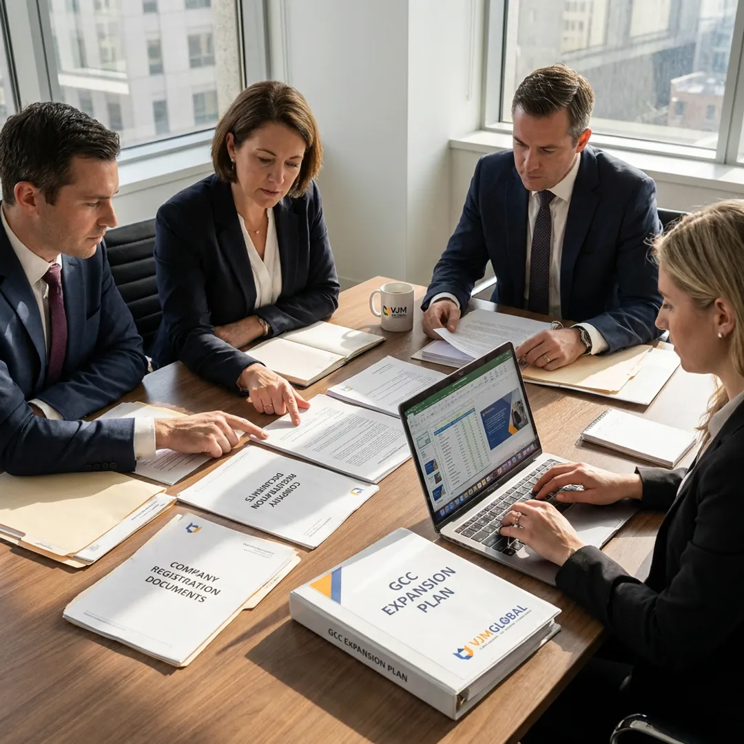 Business consultants reviewing company registration documents