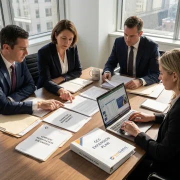 Business consultants reviewing company registration documents