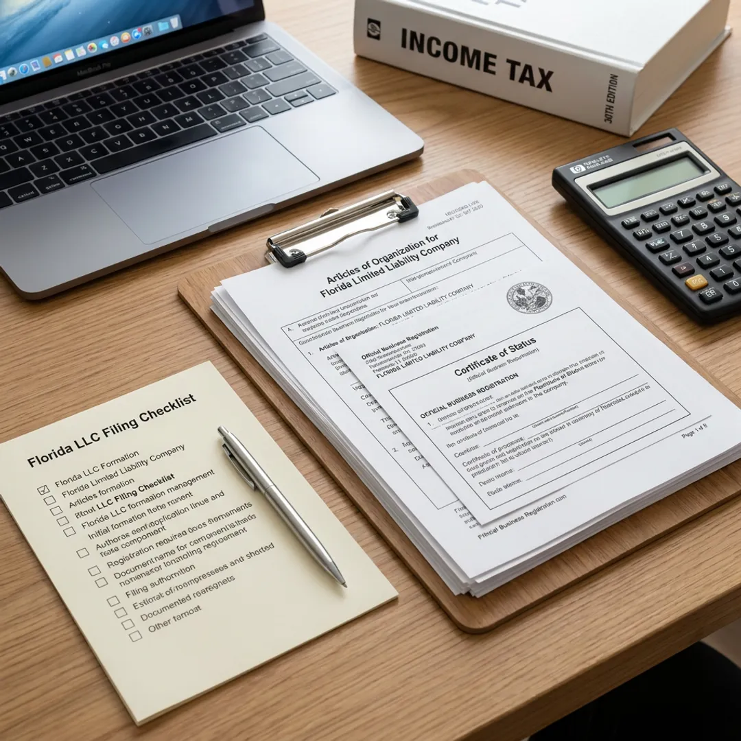 Florida LLC filing documents on desk
