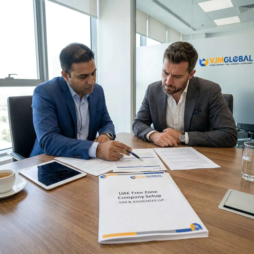 Consultant reviewing UAE free zone company setup documents