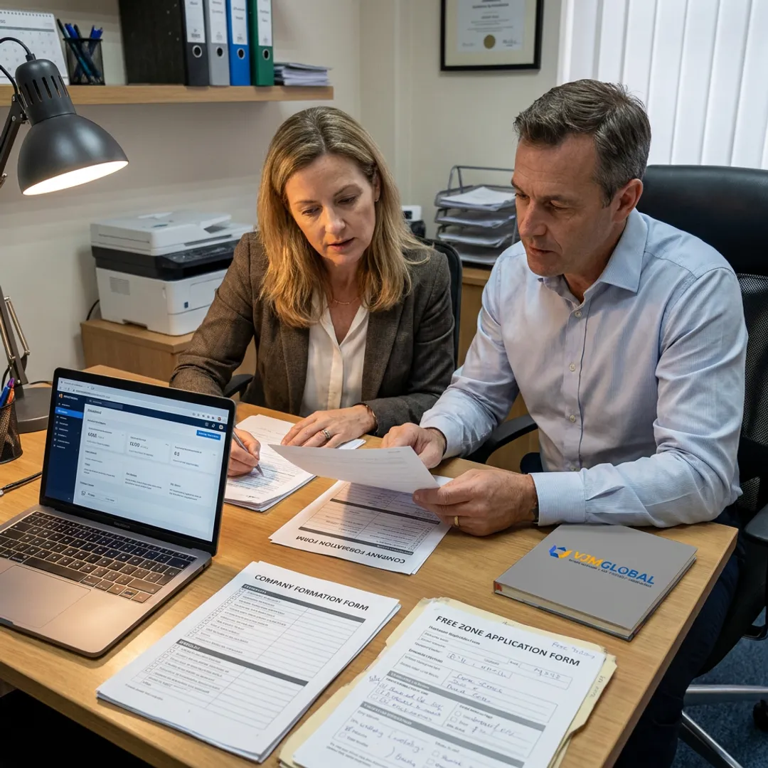 Business advisors reviewing free zone setup documents