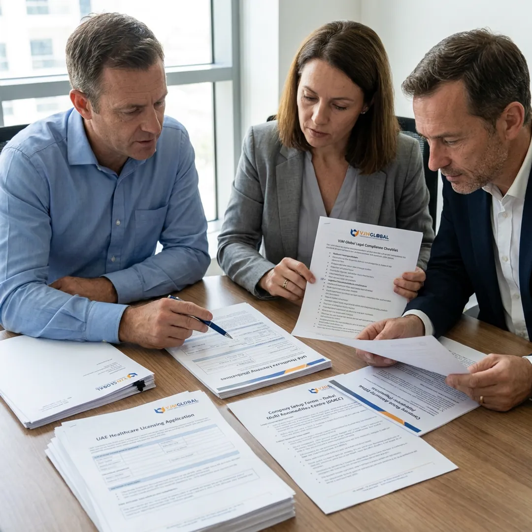 Advisors reviewing healthcare business setup documents