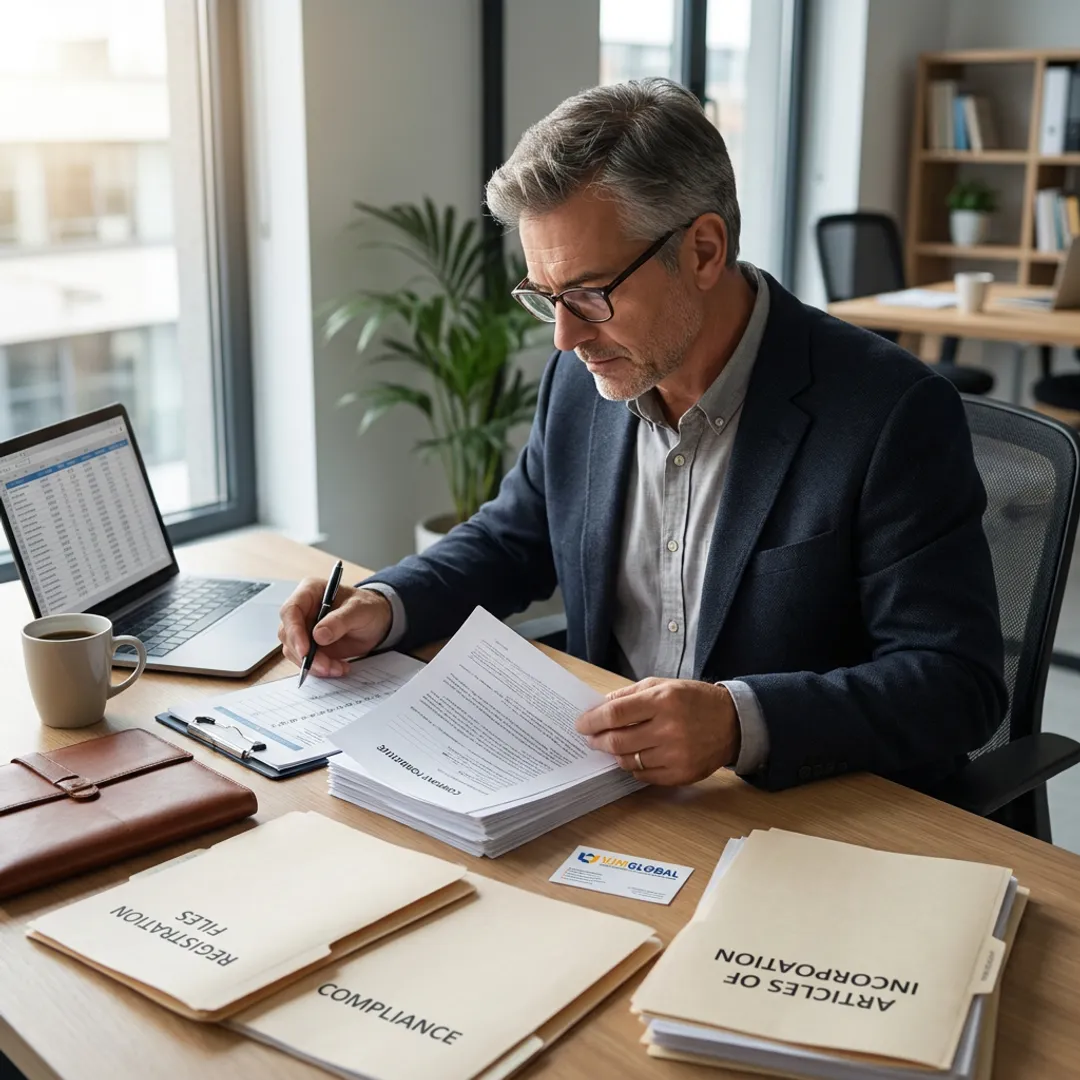 Business advisor reviewing formation documents