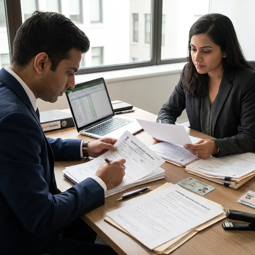 Consultants reviewing company incorporation documents