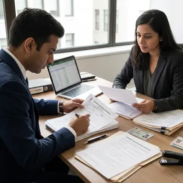 Consultants reviewing company incorporation documents
