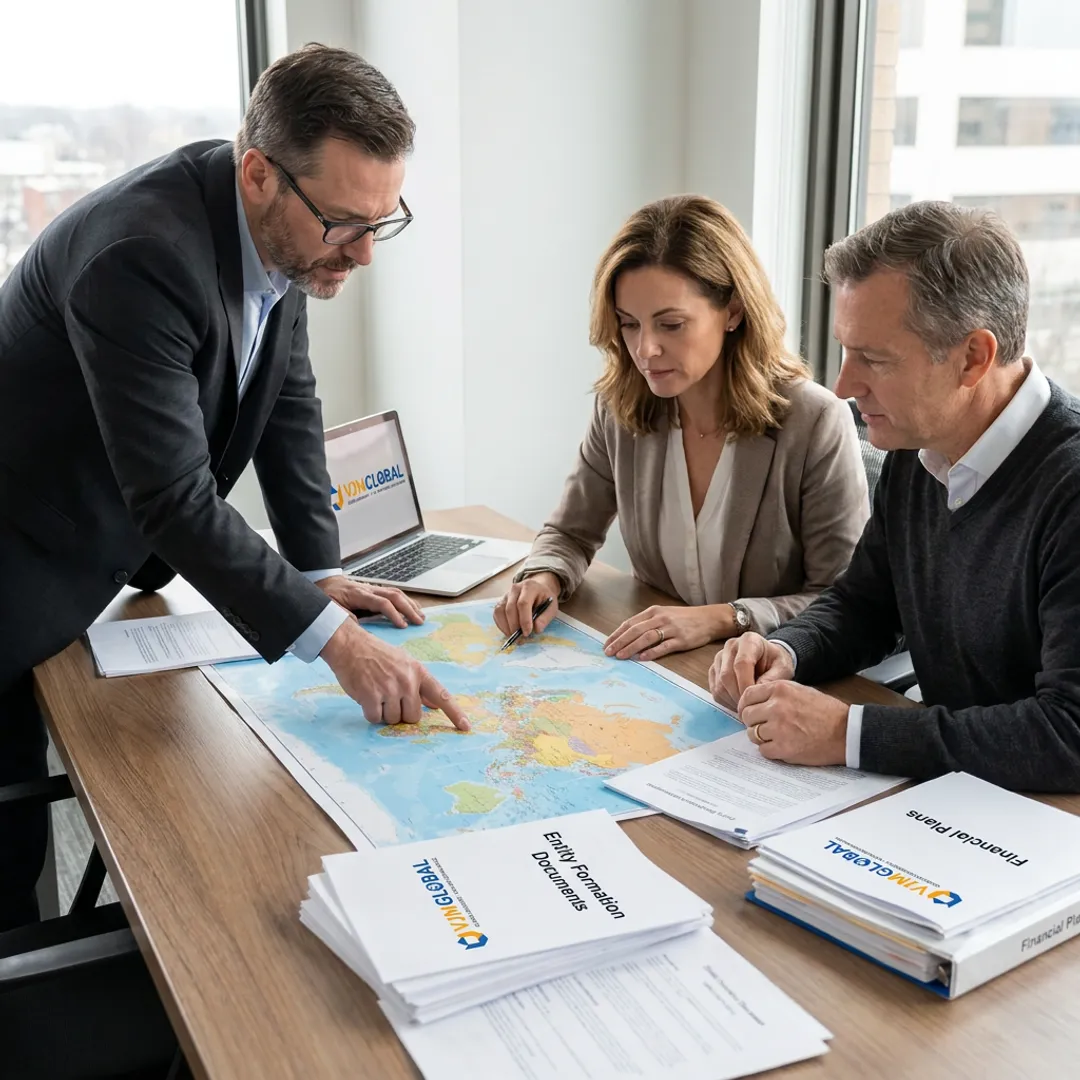 Business owners reviewing overseas expansion plans