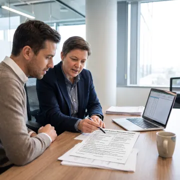 Consultant walking a client through business formation steps on a whiteboard