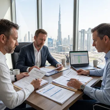 Business professionals reviewing UAE Free Zone company formation documents