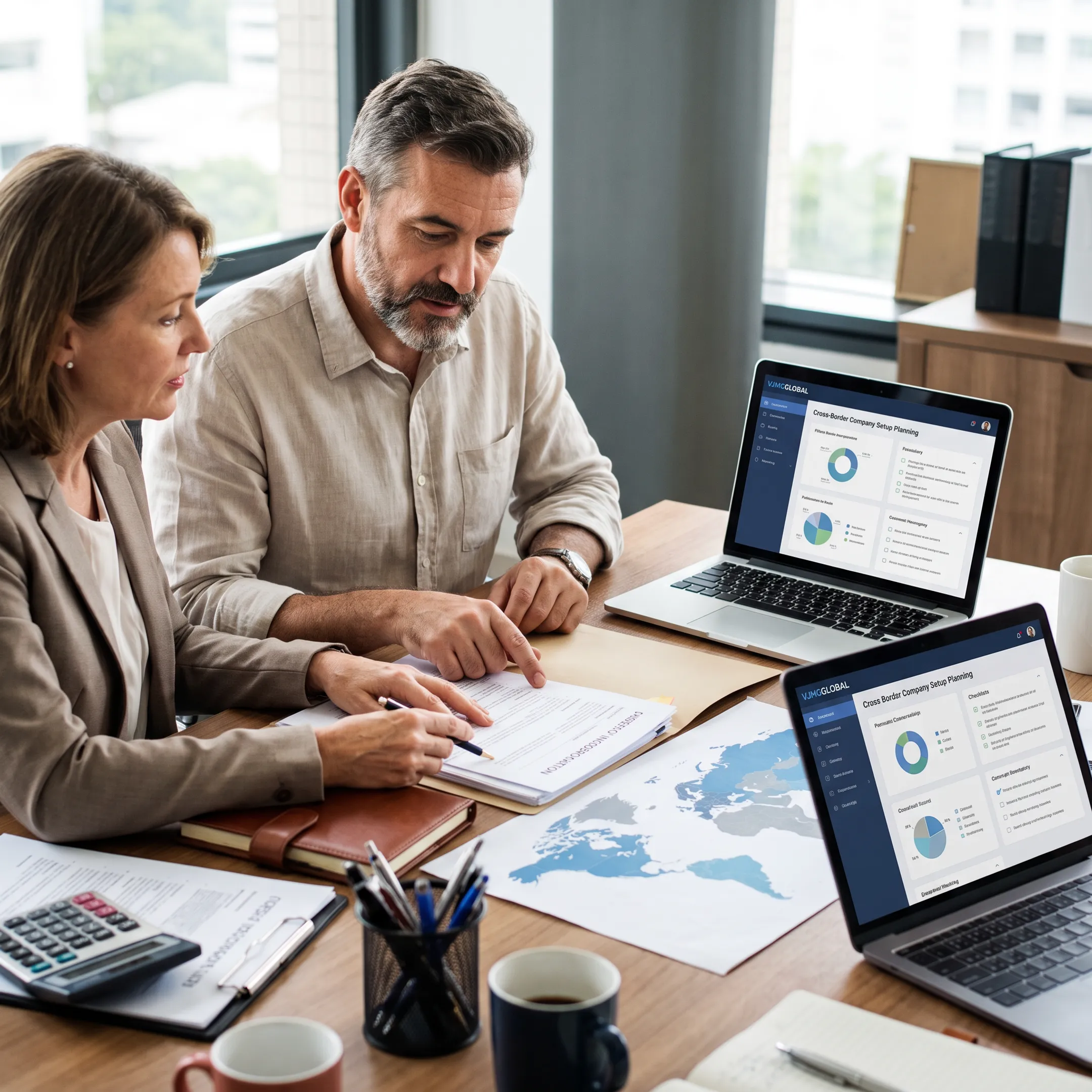 Business owner reviewing overseas company formation documents