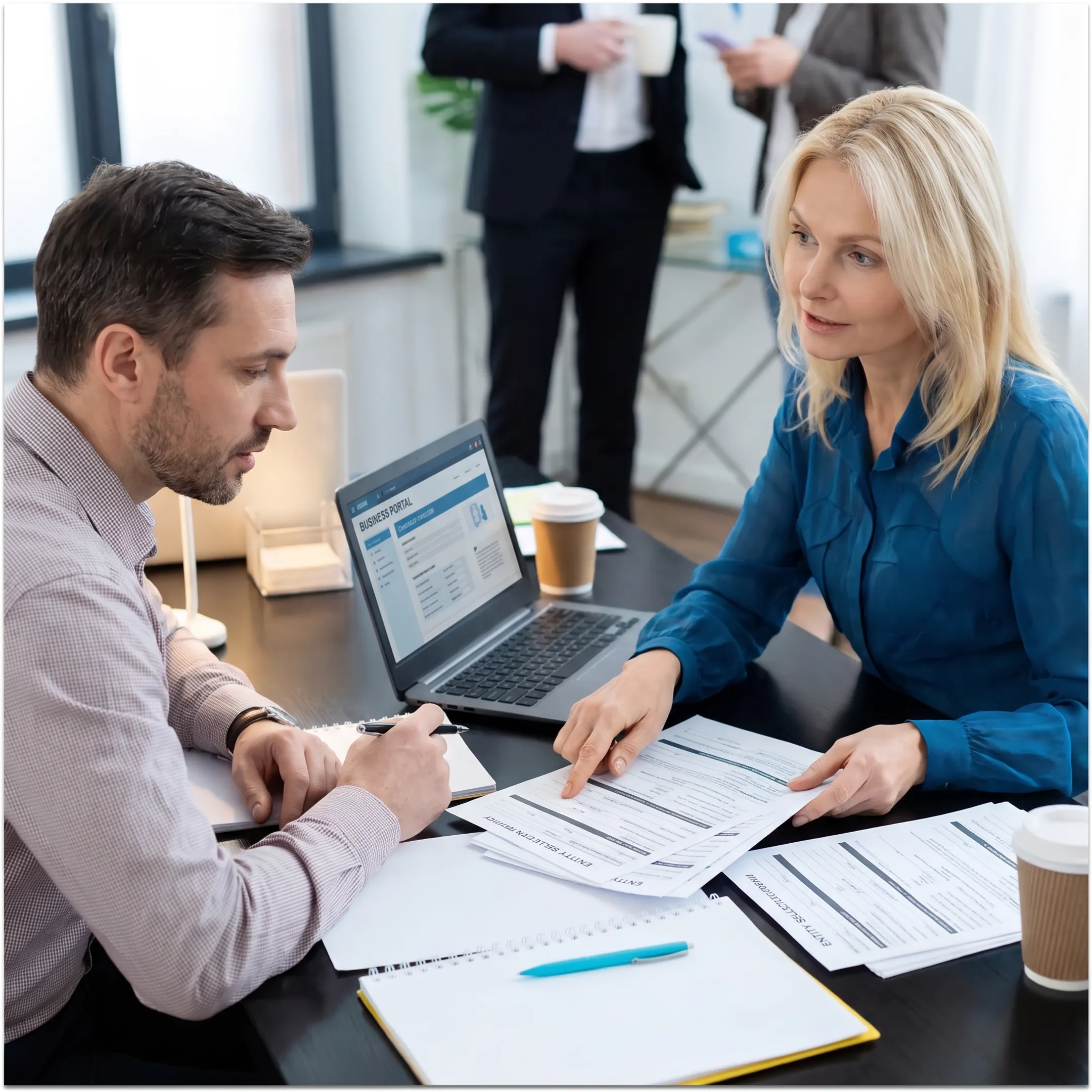 Advisor guiding client through business formation