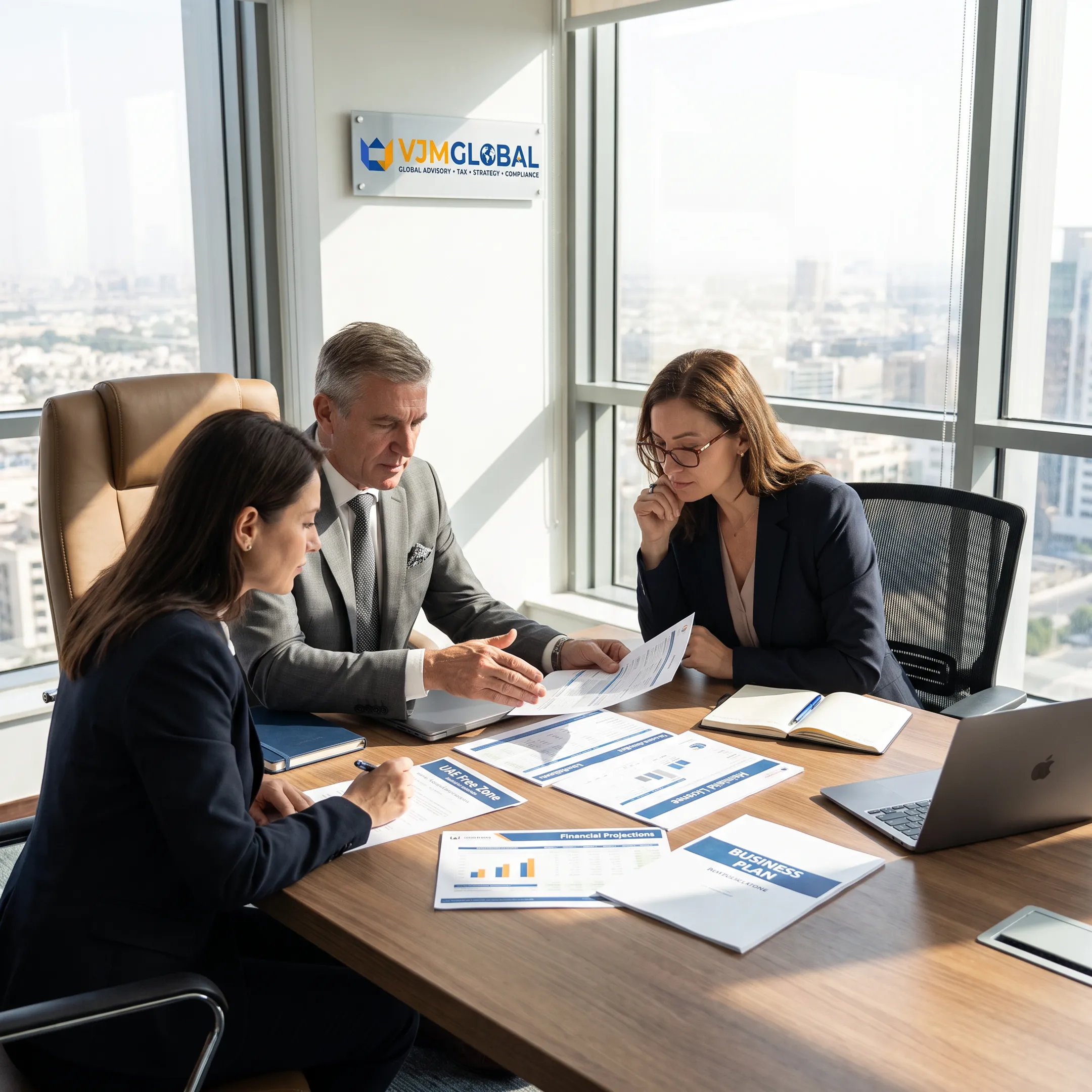 Advisor explaining UAE business setup options to an investor