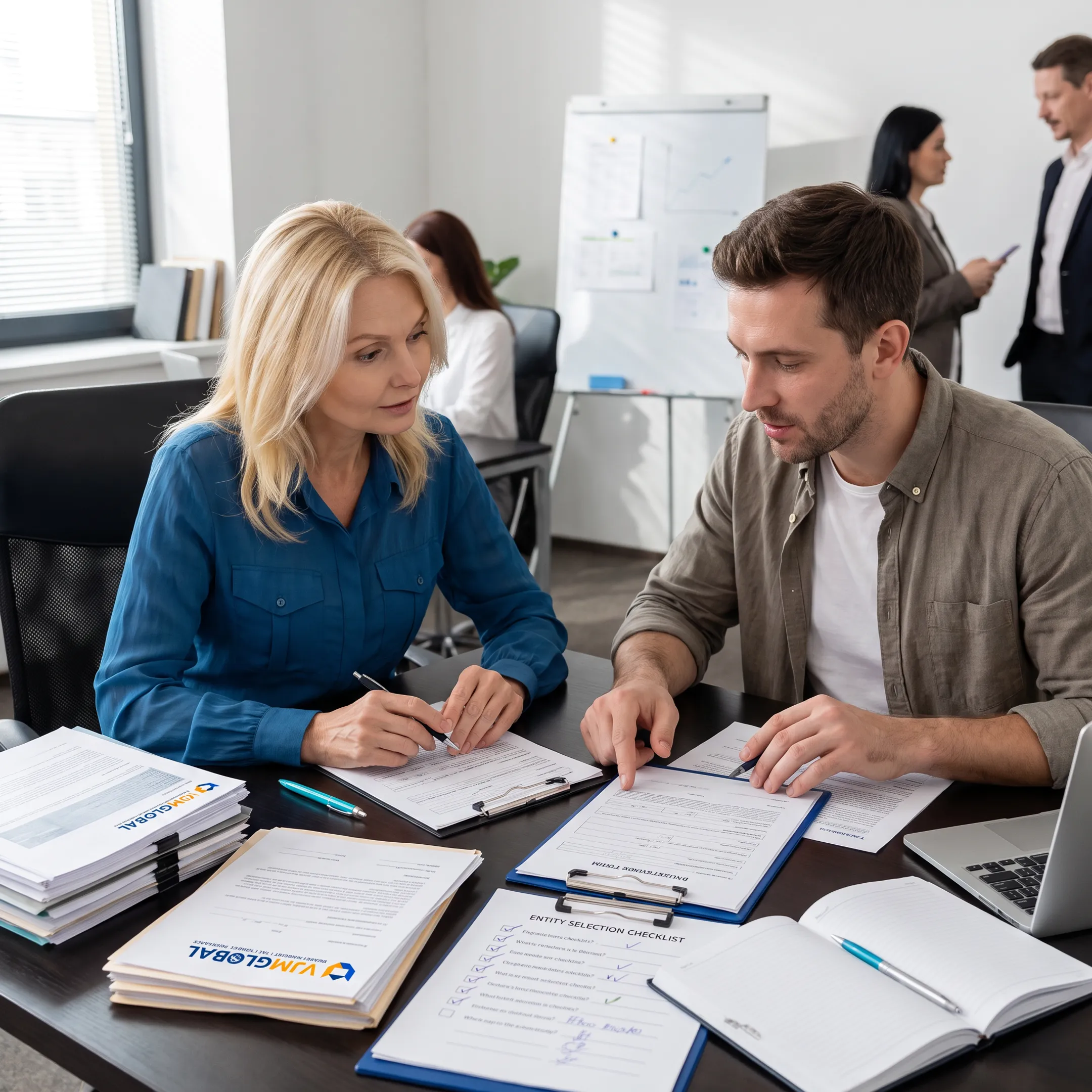 Advisor helping founder organize business formation paperwork