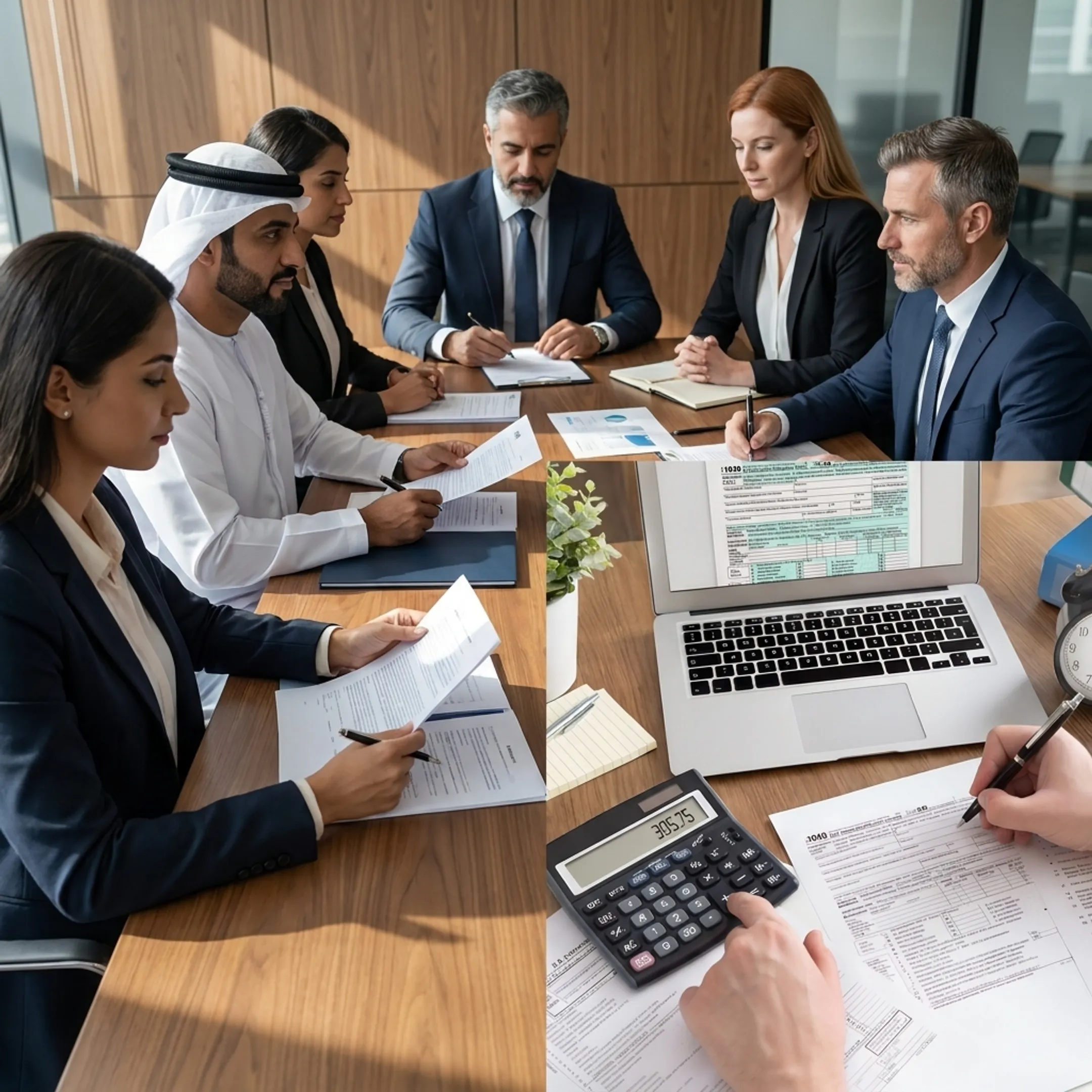 Corporate executives analyzing international expansion contracts and financial filings