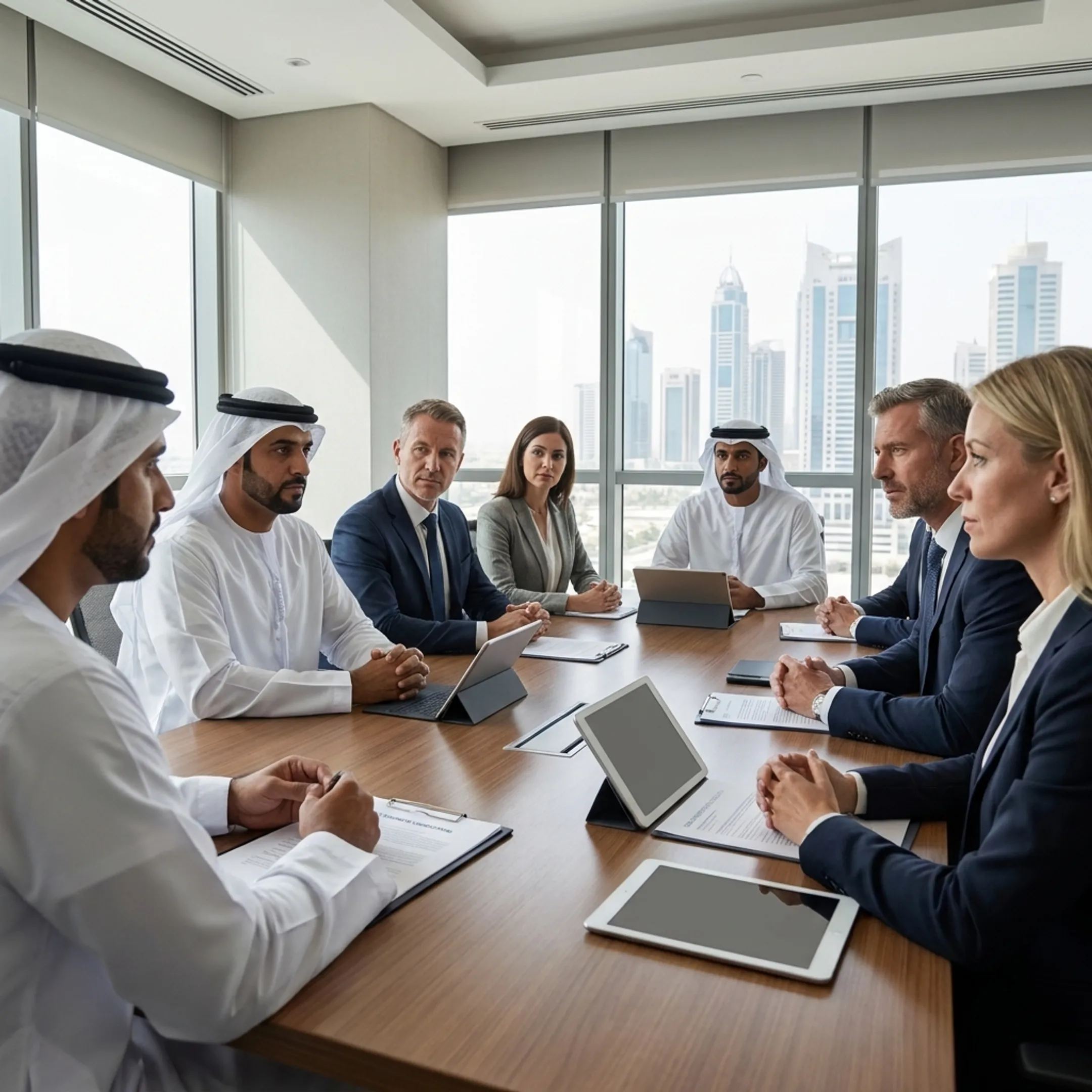 Ajman mainland corporate skyline and modern business district office setting