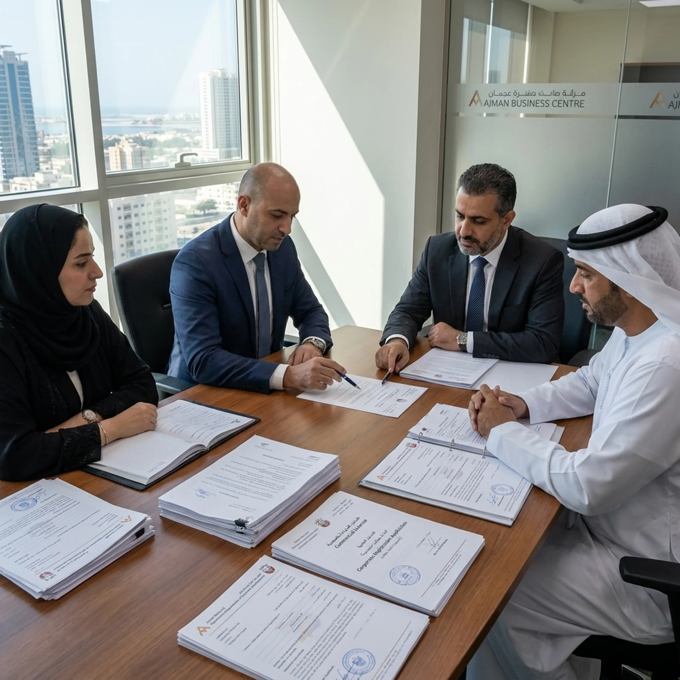 Business consultants reviewing Ajman mainland incorporation documents in a modern office