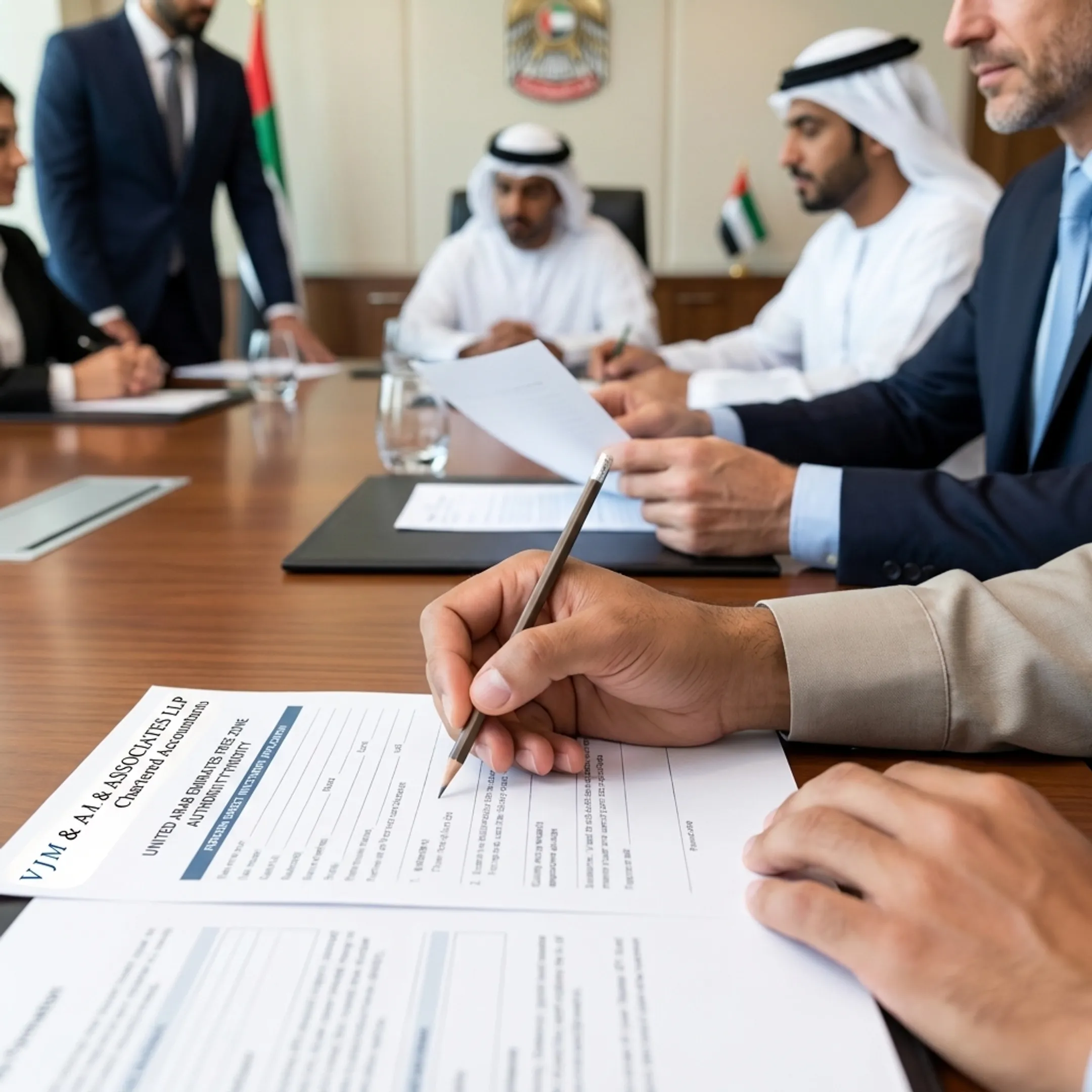Swiss business professionals reviewing UAE free zone corporate incorporation documents