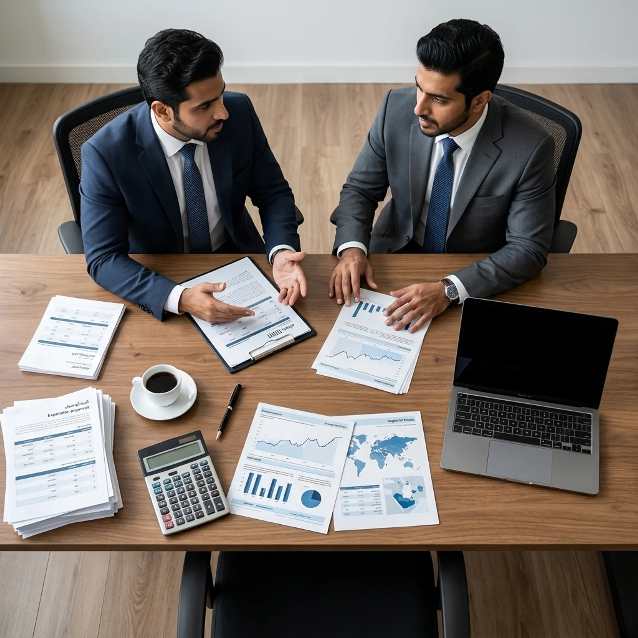 Corporate professionals reviewing cross-border expansion documents between the UAE and Bahrain