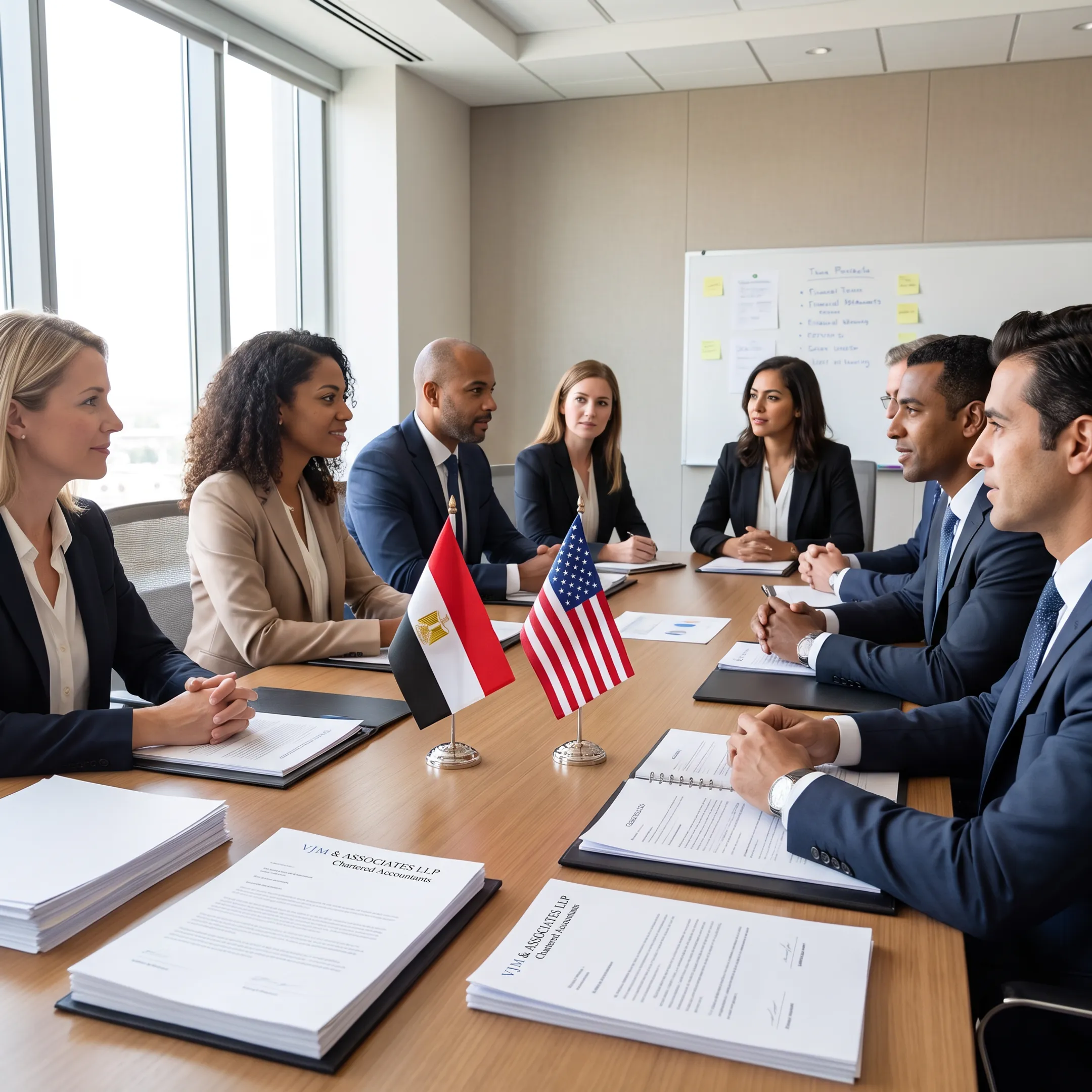 Business executives reviewing corporate legal expansion documents between the USA and Egypt