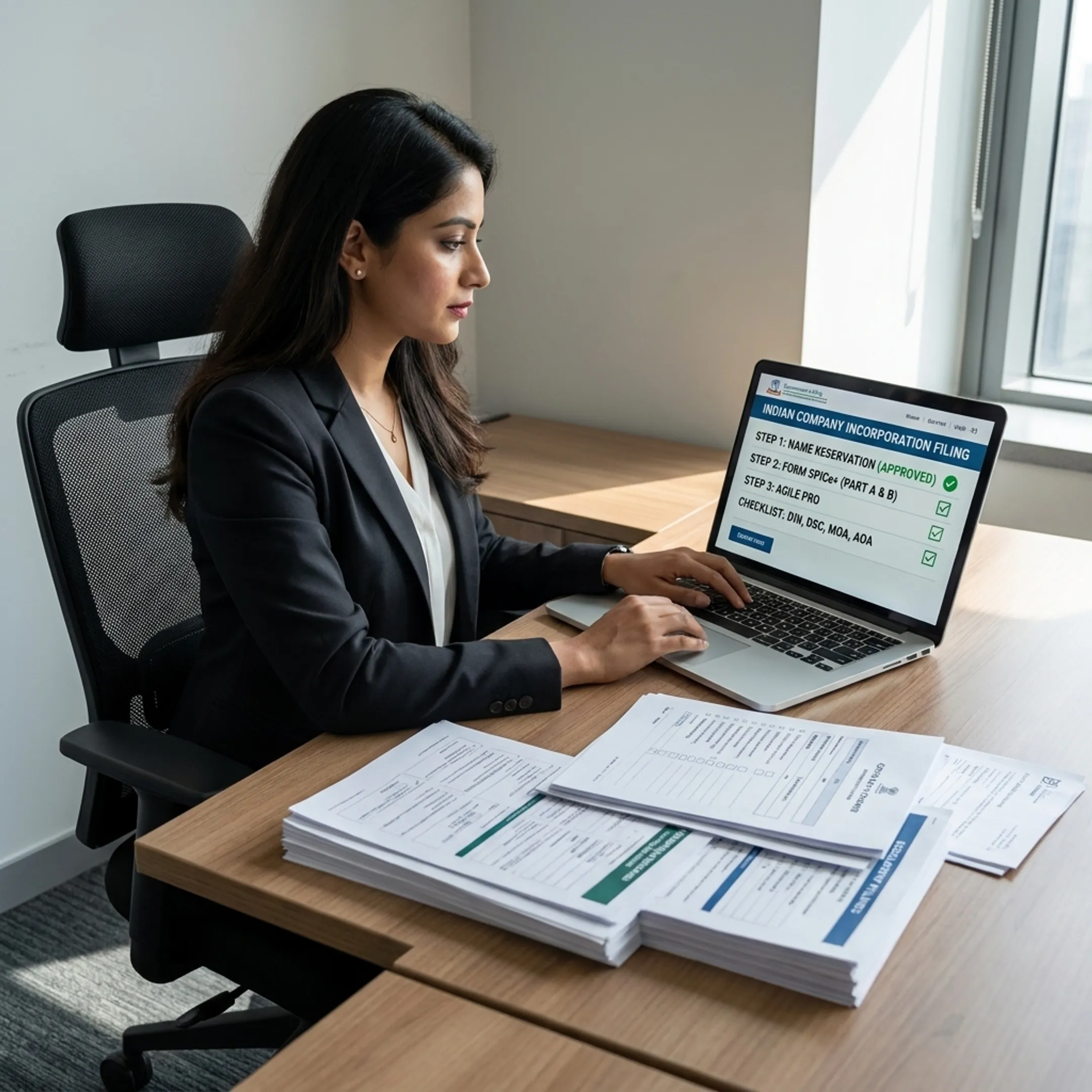 Corporate advisors completing regulatory filing steps on digital portal