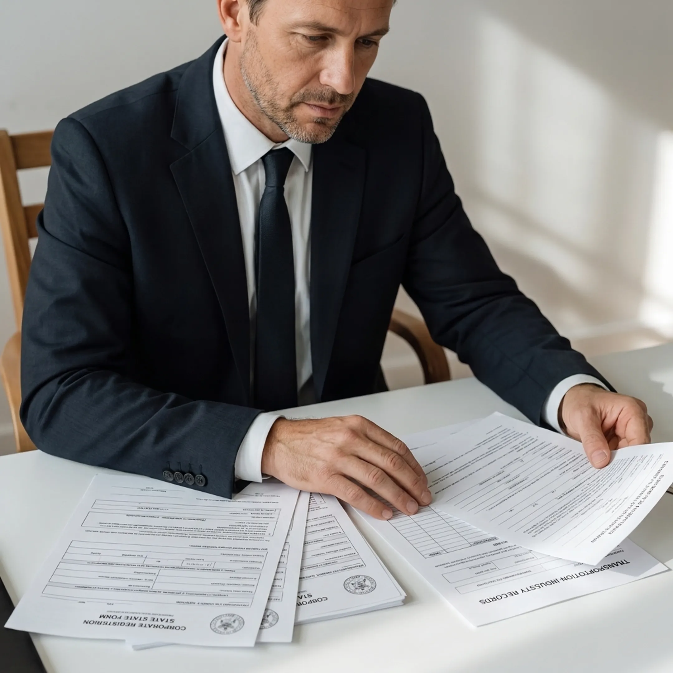 Accountant reviewing business formation documents for a trucking operator