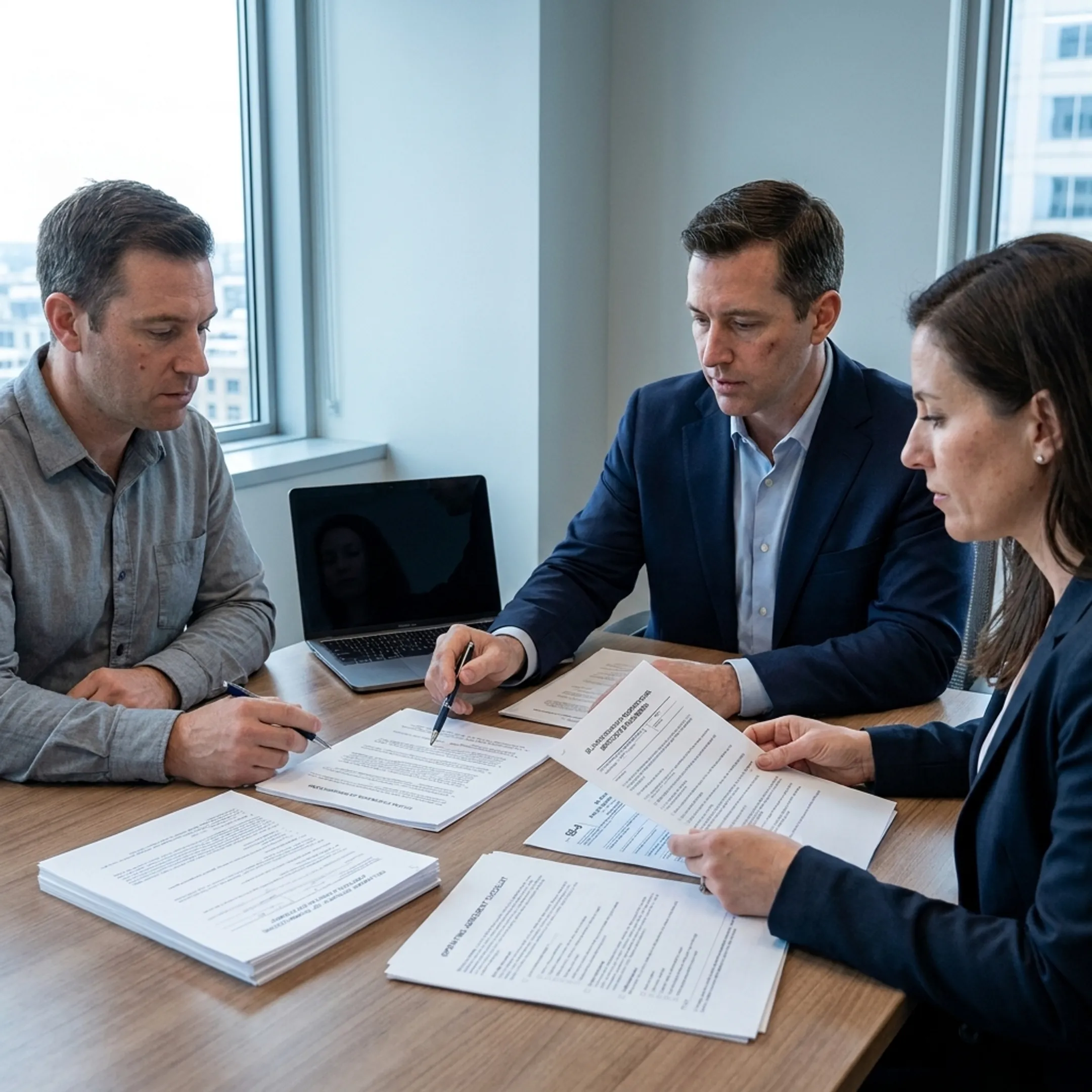 Business professionals reviewing United States LLC formation and corporate compliance documents
