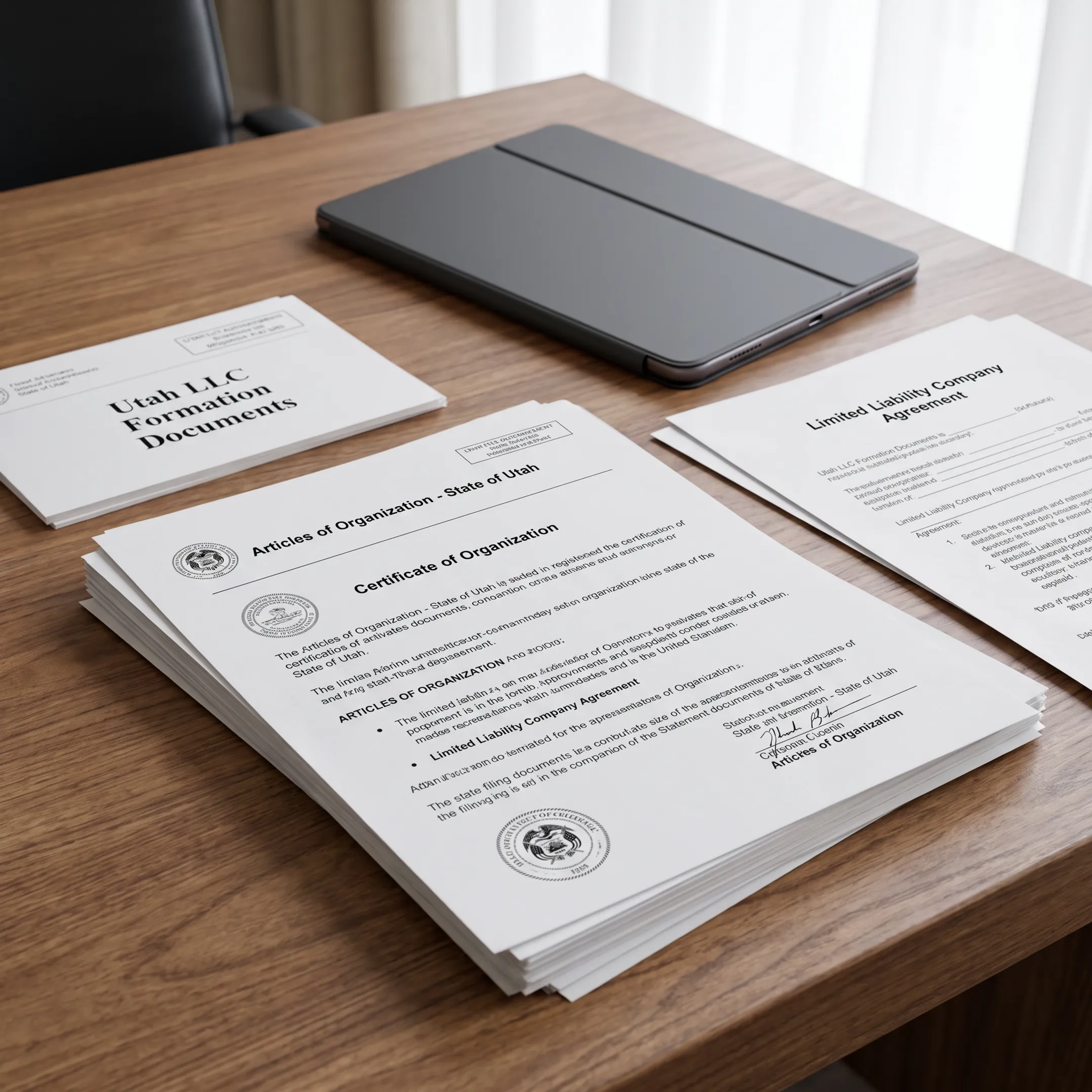 Utah LLC formation documents and business registration paperwork on a corporate desk
