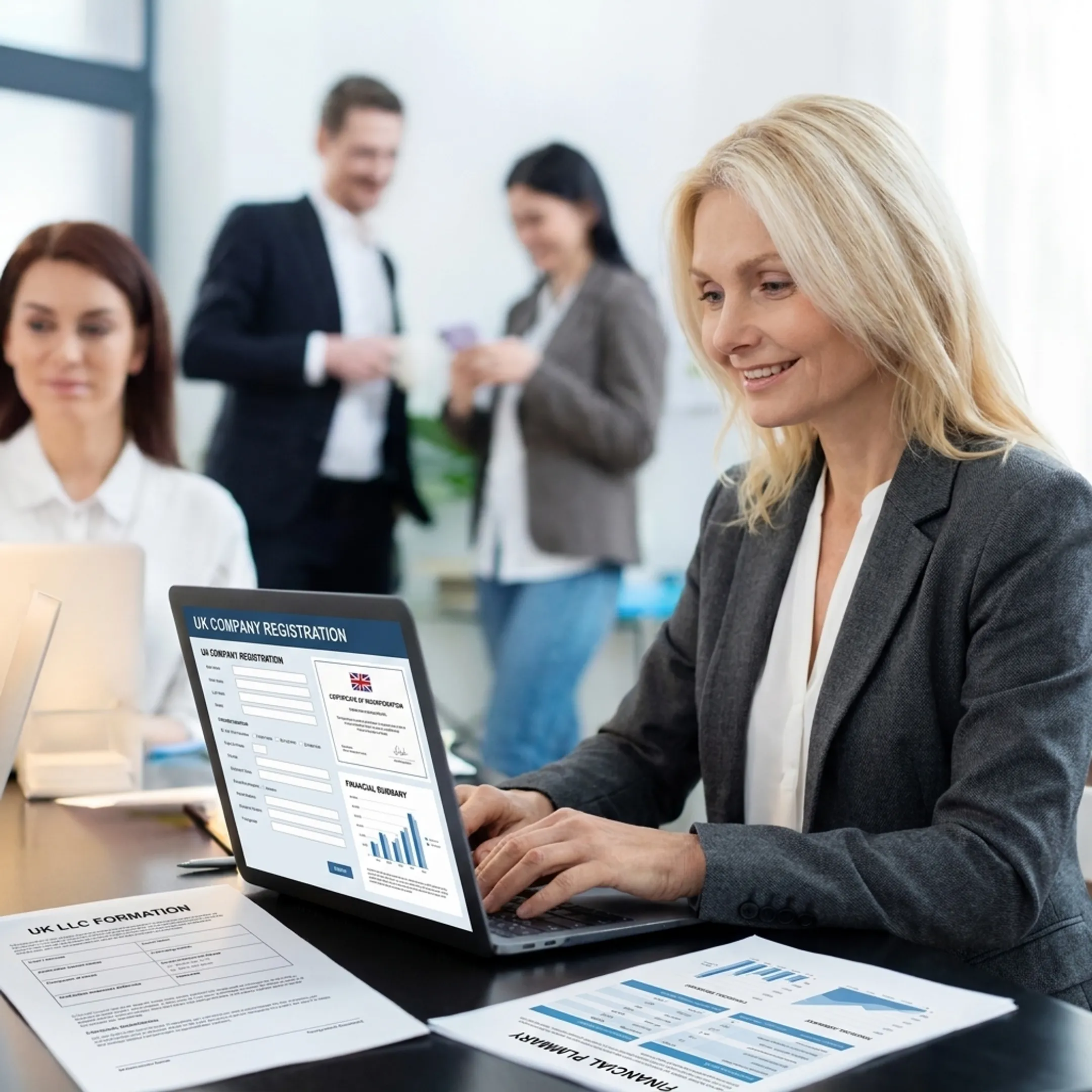 Business professional completing online company formation documents from a UK office