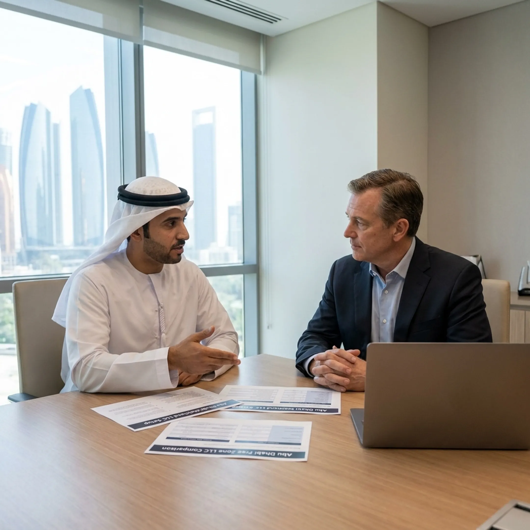 Advisor presenting Abu Dhabi LLC formation options to a US company representative