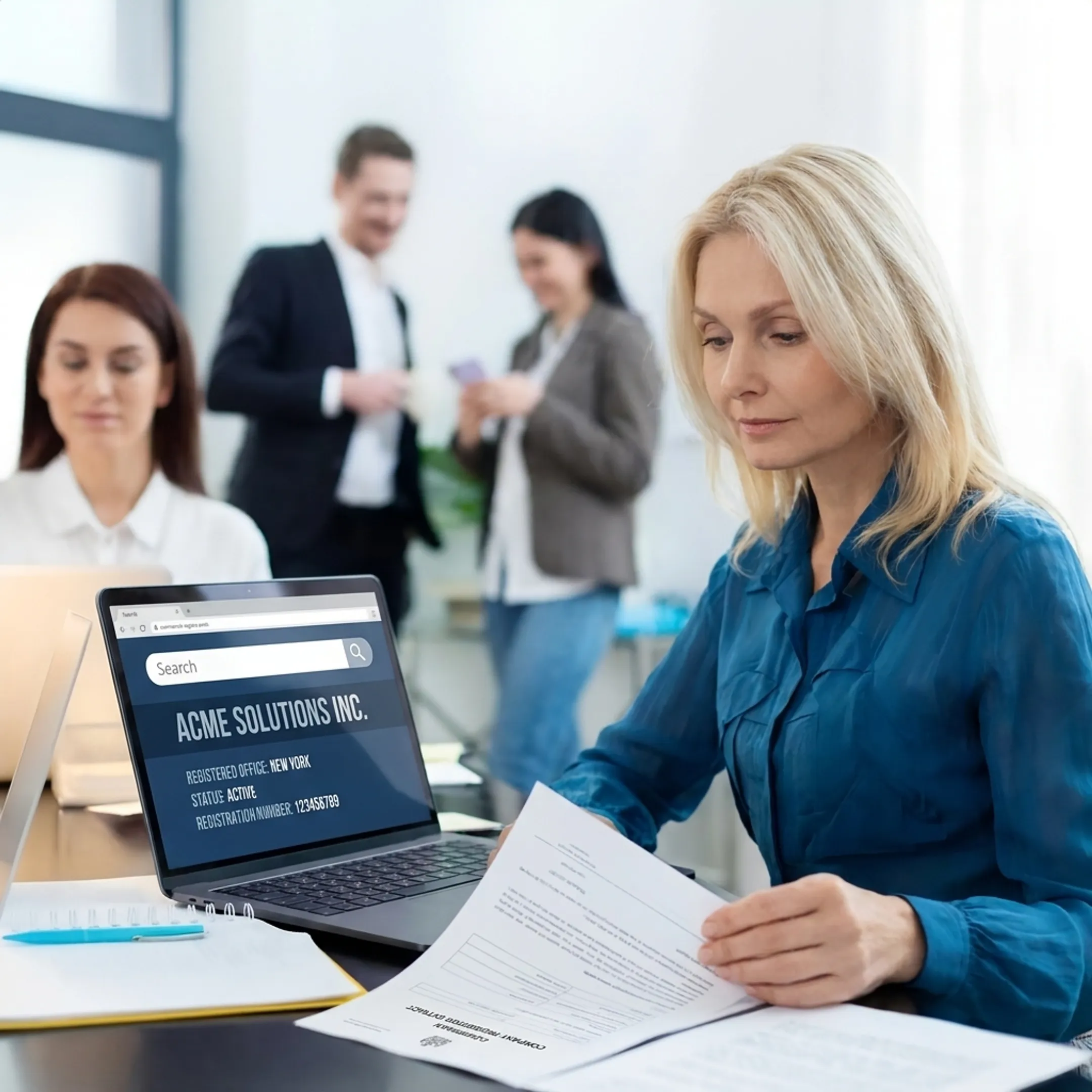 Professional reviewing a company registration extract and verifying corporate details online