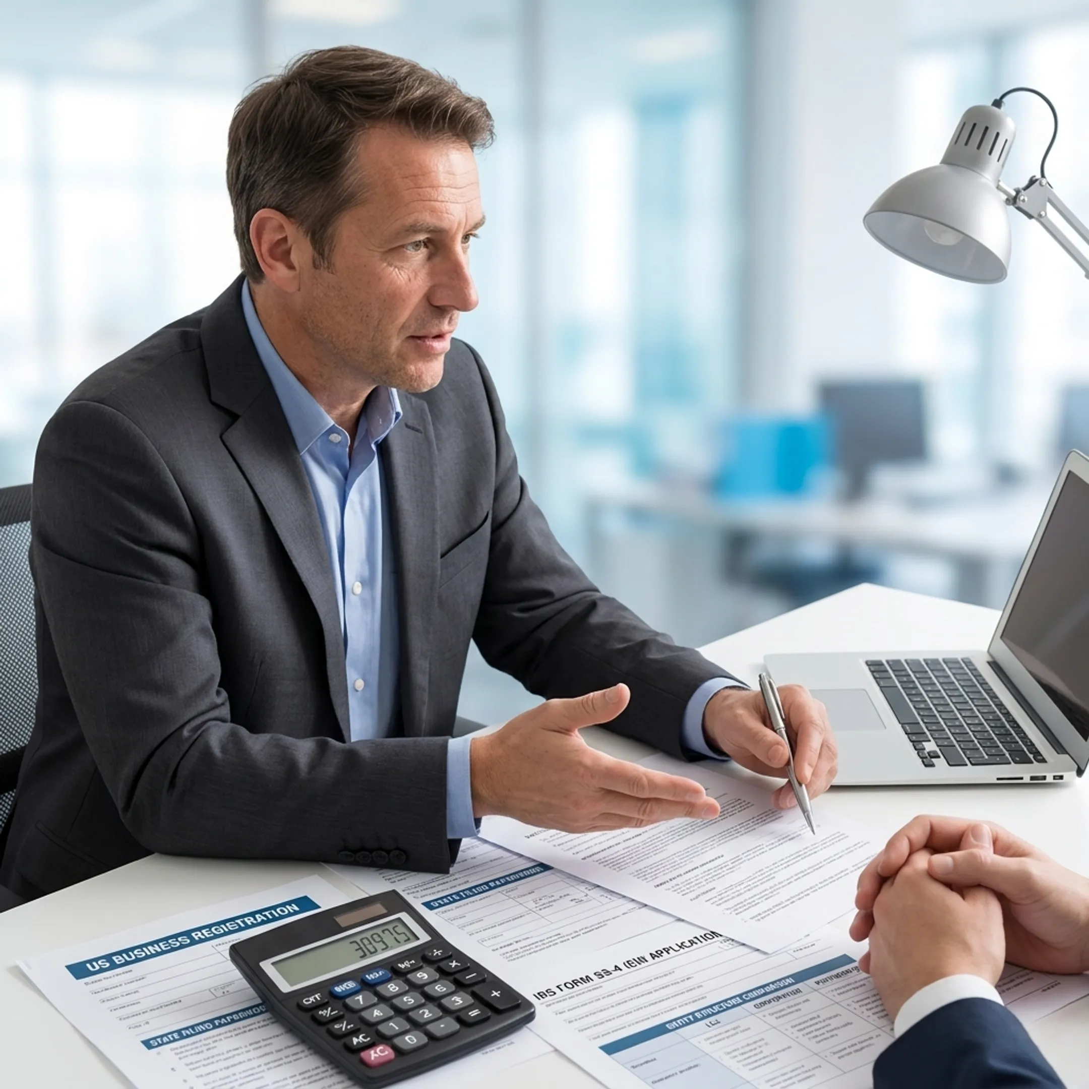 Consultant explaining US company formation paperwork